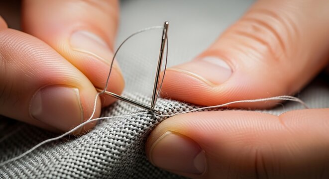 Macro shot of hands sewing grey fabric with needle and thread