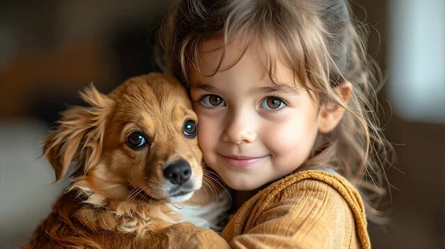 A young child smiles while embracing a small, brown dog. Their eyes meet. Warm tones prevail