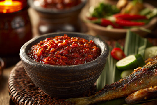 Fresh shrimp paste sambal in a bowl with thick red chili sauce and a visible texture.