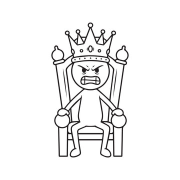 Angry Stick Figure King Sitting on Royal Throne Wearing Crown Line Art Illustration
