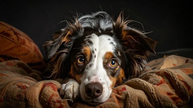 A tricolor dog rests on a patterned blanket, looking directly at the viewer with curious eyes
