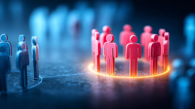 Red and blue human figures grouped in separate circles, symbolizing audience segmentation, social targeting, and market analysis.
