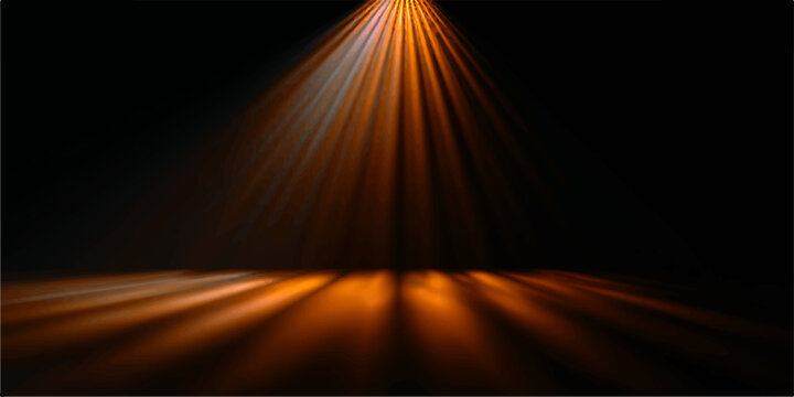 An abstract stage backdrop features glowing orange spotlights and bright light rays that flare across a dark space with motion blur and a fiery shine