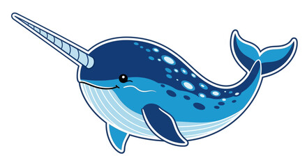Cartoon illustration of a narwhal swimming. © aifa