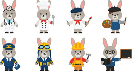 Obraz premium Cute Bunny Professions Character Set with Doctor Chef Artist Pilot Builder and Teacher Cartoon Rabbit Occupation Illustration Collection