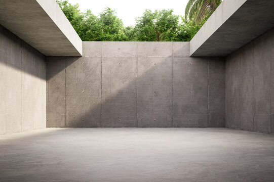 Modern minimalist empty concrete room with an open ceiling skylight showing lush green trees 3d render