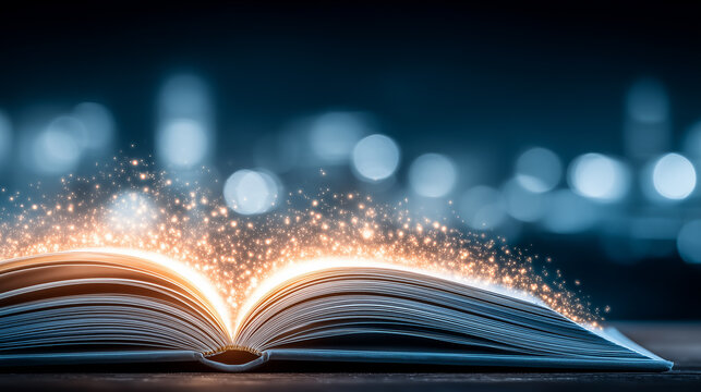 Open book with glowing particles representing knowledge imagination learning and the transformative power of education.
