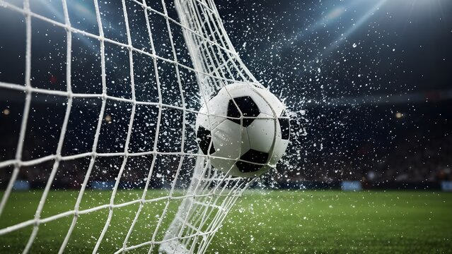 축구경기장 스포트라이트 아래 골이 골대를 친다 A goal hits the post under the football stadium spotlight