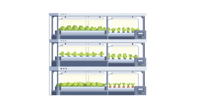 Three tiered vertical hydroponic farming system with indoor LED lighting. EPS Editable. Vector Illustrations.