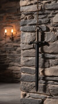 Medieval Flail Weapon Hanging from Stone Wall in Dark Room with Candles