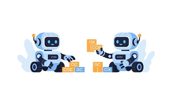 Two cute cartoon robots playing with colorful building blocks. EPS Editable. Vector Illustrations.