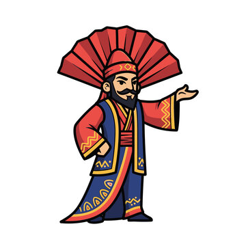 Cartoon illustration of a man in traditional attire with a large fan-like headdress.