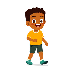 Plakat Happy Smiling African American Boy Walking Forward Wearing Yellow T-shirt and Green Shorts Cheerful Mood
