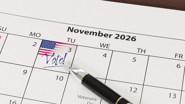 US midterm elections taking place on November 3, 2026. Camera rotating around American flag on a desk revealing a calendar with an US flag and the text "Vote!" at November 3. Pen lying on the sheet.