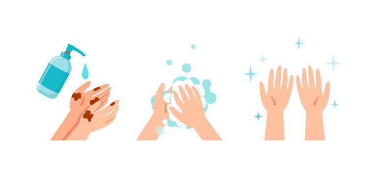 Light skin hands show the complete hand washing process from dirty to clean using soap and water