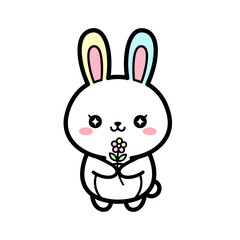 Obraz premium Cute cartoon bunny holding a flower with colorful ears.