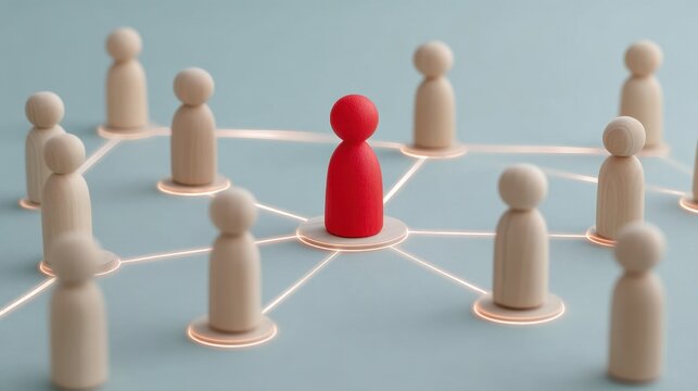 Artistic Representation of Wooden Figures Connected by Network Lines on Soft Blue Background