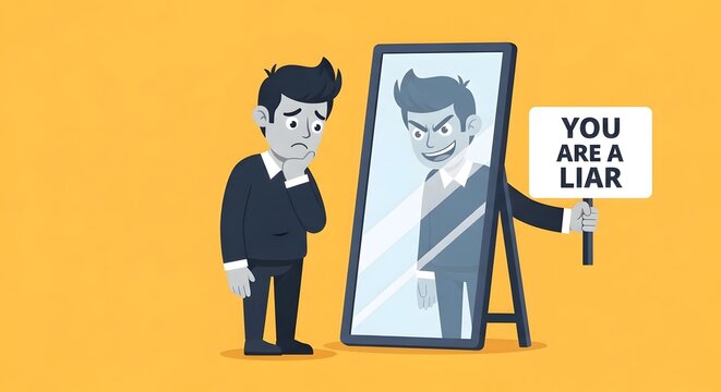 Man Facing Imposter Syndrome Reflection in Mirror with You Are A Liar Sign