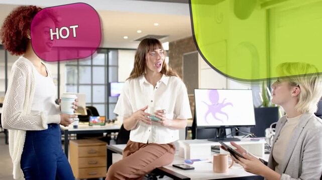 Three women chatting over coffee and tablet, animating marketing tags over group showing viral buzz