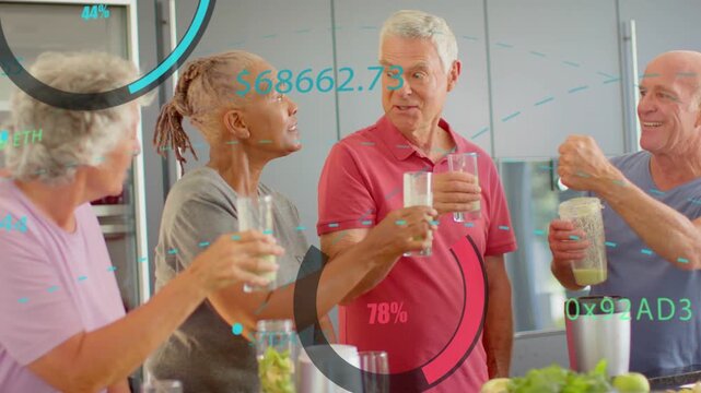 Four seniors toasting, tasting smoothies for health with AR HUD showing percent and dollar overlay