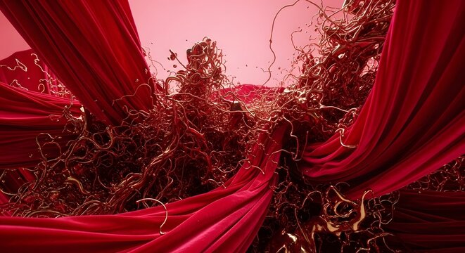 Crimson Chaos: An abstract, high-angle view presents a dynamic interplay of flowing red fabric, its intricate forms juxtaposed against a chaotic swirl of golden threads.