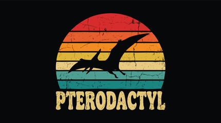 Pterodactyl Silhouette on Vintage Striped Sunset Background. © Ramz Studio