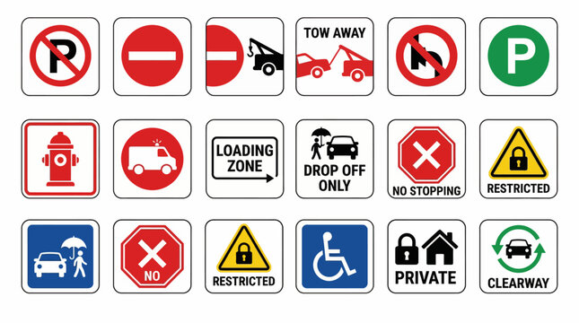 Set of various traffic parking and regulatory road sign icons. EPS Editable. Vector Illustrations.