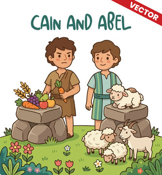 Cain and Abel Bible Story Sibling Conflict Vector Illustration, Brothers with Sacrifice Altars, Biblical Narrative of Jealousy and First Family History