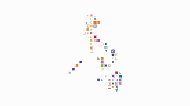 Philippines map animation. Shape of the country with pulsating colored dots. Large size square blocks. Digital style Philippines map on white background. Awesome video.