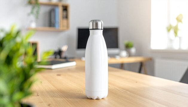 Minimalist White Water Bottle on Wooden Desk Workspace  