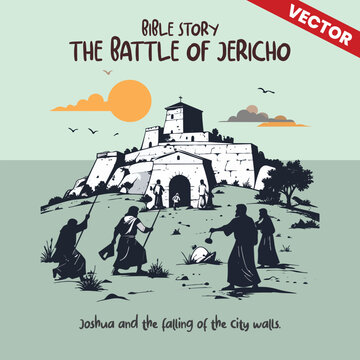 The Battle of Jericho Biblical Scene Illustration, Falling City Walls of Jericho with Hebrew Soldiers and Priests, Joshua Battle Bible Story Vector Graphic, Ancient Fortress Siege Concept Art
