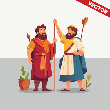 Two Hebrew Spies Biblical Characters Illustration, Joshua and Caleb Ancient Israelite Warriors in Traditional Tunic, Old Testament Bible Story Vector Graphic for Sunday School Education Design
