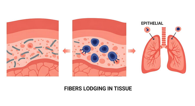 illustrating asbestos fibers lodging in lung tissue and the resulting cellular inflammation and epithelial cell damage