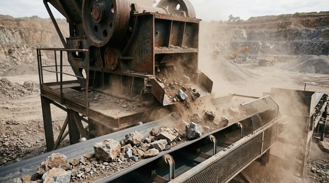 Medium shot of a primary jaw crusher transferring freshly blasted rock onto a conveyor belt dust swirling in the air showcasing heavy industrial mining activity.