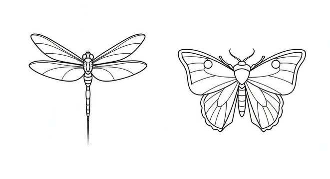 Dragonfly and Moth Outline Vector Illustration