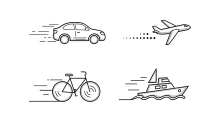 Diverse Transportation Methods Icons: Car, Airplane, Bicycle, Boat