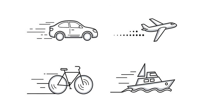 Diverse Transportation Methods Icons: Car, Airplane, Bicycle, Boat
