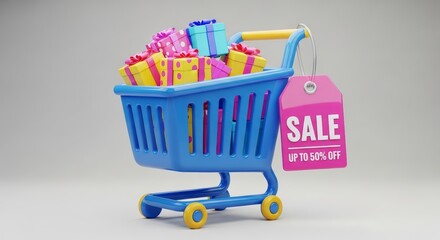Fototapeta premium Shopping cart filled with colorful products.