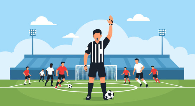 Football match with referee and players on field under blue sky and stadium lights
