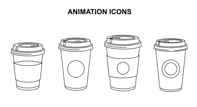 Animated Coffee Cup Icons Set, Outline Disposable Drink Containers with Lids
