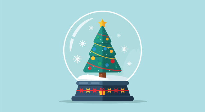 Pixel Art Christmas Tree Snow Globe Vector On Blue Background