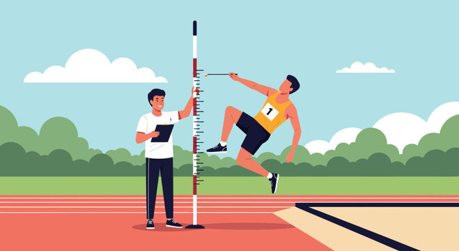 High jumper in competition with coach measuring performance during outdoor track event