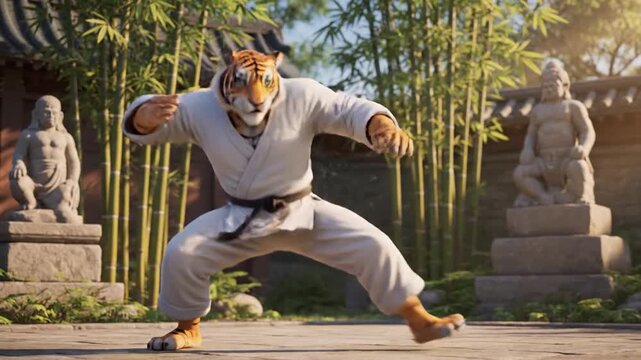 Martial Arts Tiger Warrior in Kimono Fighting Stance with Bamboo Forest Background