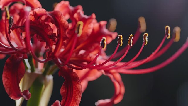 Close-up of red Lycoris flower with long stamens