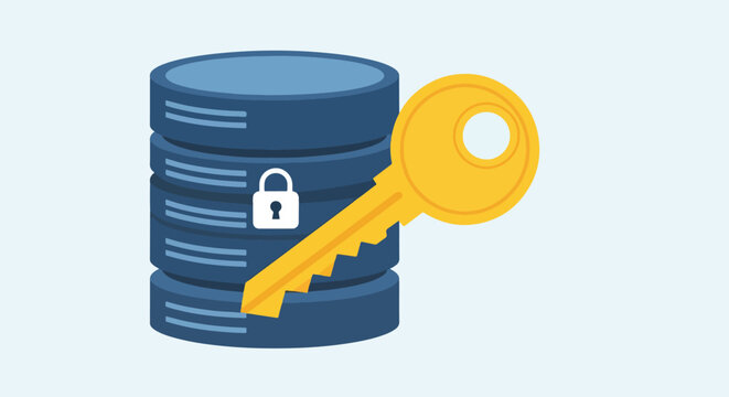 Pixel Art Database Security Server Stack With Golden Key And Padlock Icon Over Light Blue Background