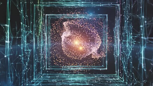 Abstract digital cube with energy core and futuristic technology concept.