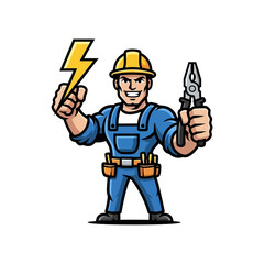 Fototapeta premium Strong Electrician Mascot Holding Lightning Bolt and Pliers.
