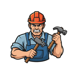 Fototapeta premium Angry construction worker in hard hat holding two hammers.