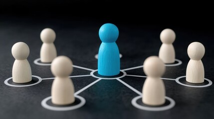 Obraz premium Blue Wooden Figure Surrounded by White Figures Illustrating Leadership and Team Dynamics in a Creative Setting
