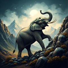 Fototapeta premium Majestic elephant ascends a rugged, mountainous terrain under a vast, cloudy sky with birds soaring
